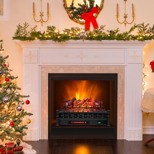 COSTWAY Eternal Flame Electric Fireplace Log, Lemonwood Ember Bed, 26-inch Infrared Electric Fireplace Heater Insert with Remote and Thermostat Control, 8H Timer, 5 Flame Modes & Brightness, 1500W