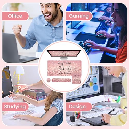 iCasso Desk Mat, 4in1 Gaming Mouse Pad Wrist Support Set, Large Mousepad+Keyboard Wrist Rest+Mouse Wrist Rest+Coaster Set with Ergonomic Design Non-Slip for Home Office Desk Computer (Stay Positive)
