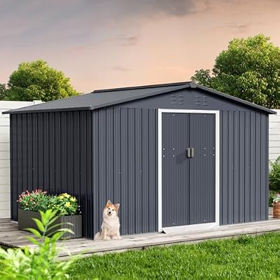 10 x 8 FT Metal Outdoor Storage Shed, Large Metal Tool Sheds with Frame Floor, Air Vents & Lockable Door, Metal Aluminum Storage Shed for Gardens, Backyard, Patio, Garage, Lawn, Gray