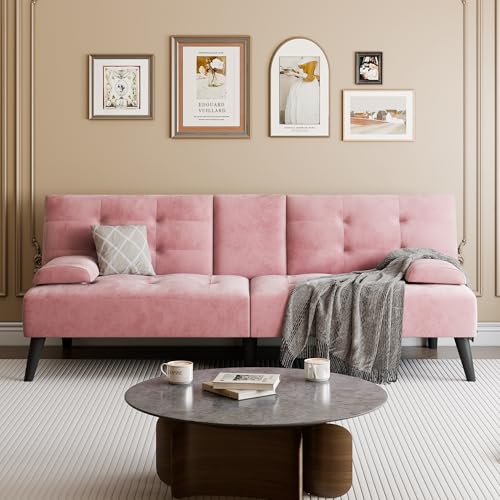 Meilocar Futon Sofa Bed Small Convertible Sofa Couch Recliner 64 in Adjustable Sofa Bed for Living Room Removable Armrest Pillows Cup Holders 5.3FT Pink
