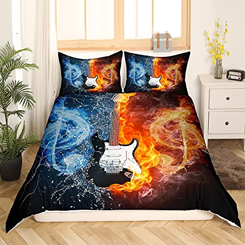 Parure de guitare de Lit 200x200cm Parure sur le thème de la musique rock Housse de Couette Feu et eau Motif de notes de musique Housse de Couette Instruments de guitare électrique Print 3Pcs