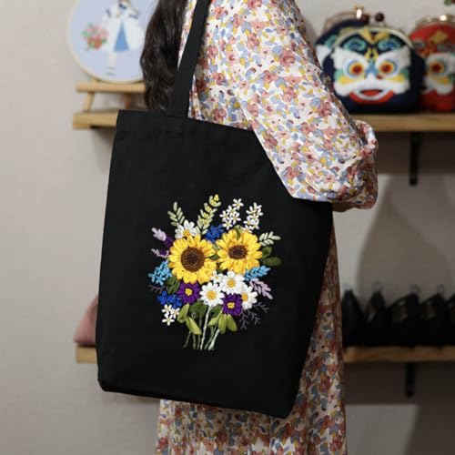 Image of KABAKE Canvas Tote Bag Embroidery Silk Ribbon Kit for Beginners, Arts and DIY Crafts Starter Kit, Includes Stamped Bag, Threads, Tools (Black with Sunflower)