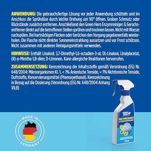 Green Hero Enzymreiniger & Geruchsneutralisierer 750 ml | Katzenurin & Hundeurin Entferner | Extrem Geruchsentferner für Räume zum Katzen Urin Geruch neutralisieren