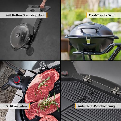 TZS First Austria - Elektrogrill 2 in 1 Tischgrill & Standgrill 2400W - Elektrischer & klappbarer Grill für Balkon & Terrasse mit Deckel & Rollwagen - Elektro-Kugelgrill mit Thermometer & Tropfschale 3
