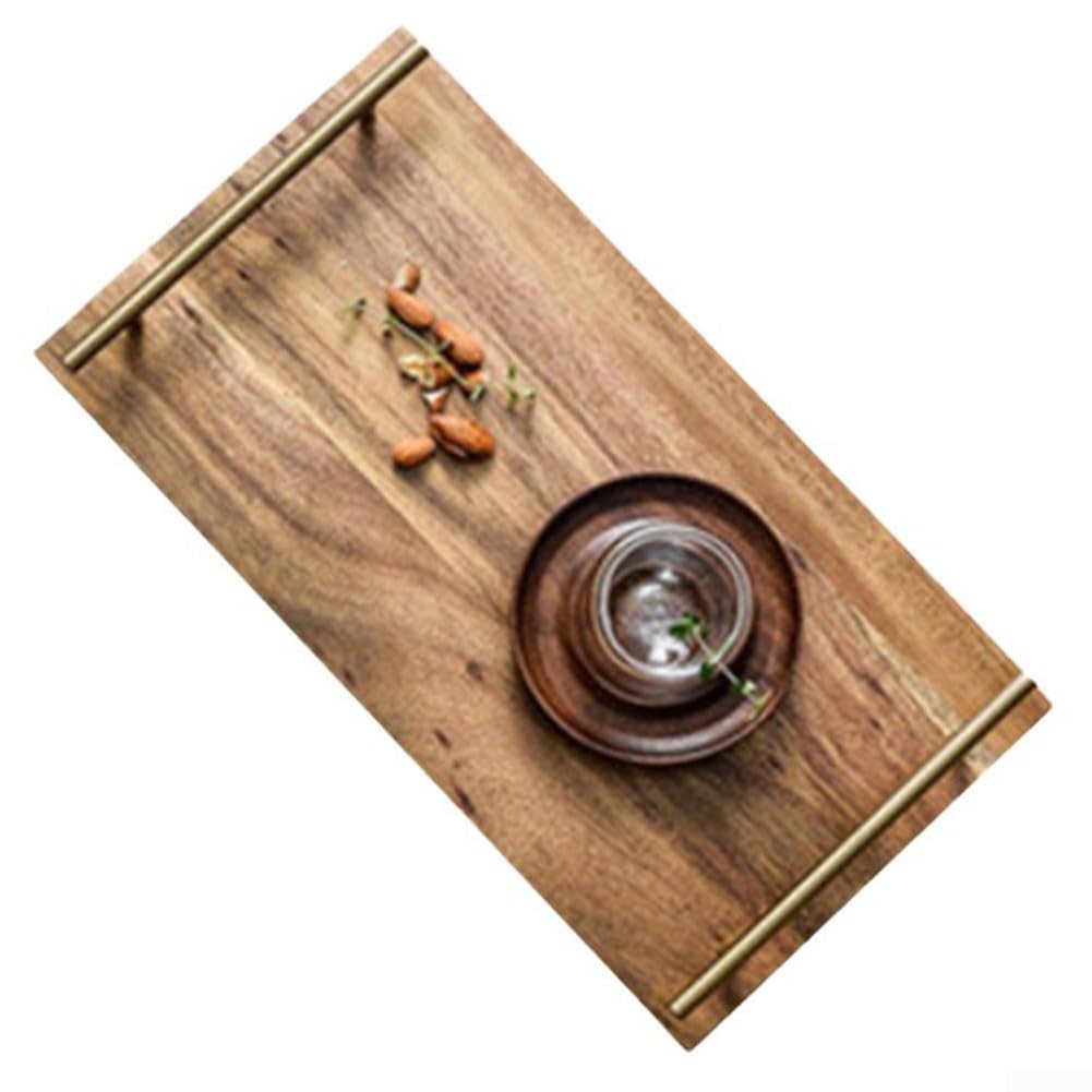 Bandeja de madera para servir, con asas de acero inoxidable, bandeja de madera de acacia, mini tablas rectangulares de embutidos para decoración, comida (grande)