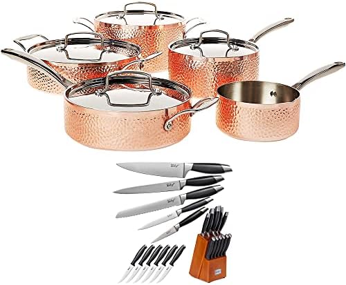 Cuisinart HCTP-9 Hammered Collection 9-Piece Cookware Set Copper Bundle with Deco Chef Gourmet 12 Piece Stainless Steel Knife Set with Storage Block Full Tang Design