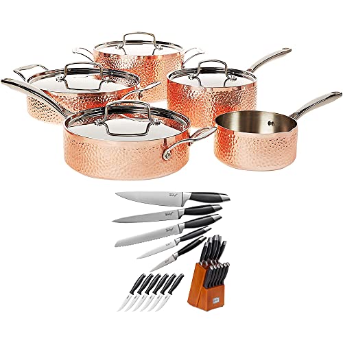 Cuisinart Hctp-9 Hammered Collection 9-Piece Cookware Set Copper Bundle With Deco Chef Gourmet 12 Piece Stainless Steel Knife Set With Storage Block Full Tang Design #TOP13