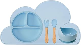 Kit Refeição Infantil 4 Peças Prato Silicone com Ventosas, Bowl, Kit Talher Silicone Cabo Bambu e Lugar Americano Nuvem Buba (Azul)