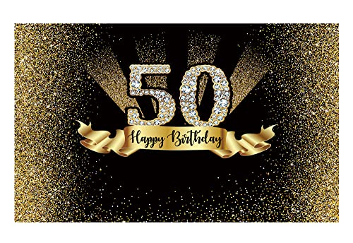 Funnytree Gold and Black 50th Birthday Photography Backdrop Golden Glitter Diamonds Shiny Background Fifty Years Old Age Party Decoration Photo Banner Photobooth Props