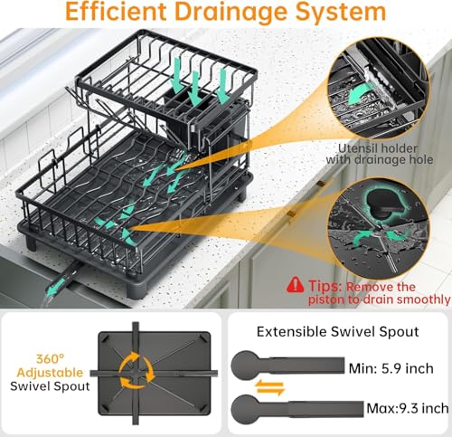 Image of 2 Tiers Dish Drying Rack, Space-Saving Dish Racks for Kitchen Counter, Dish Drainer Drying Rack with Drainboard, Utensil Holder Cups Holder and Adjustable Swivel Spout, Black