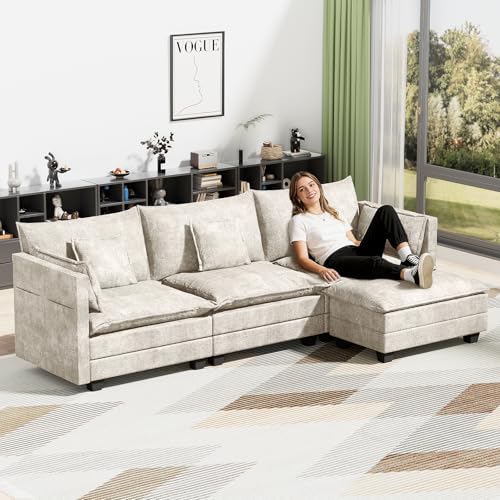 Image of LEVELEVE 112.5 inch L-Shape Modular Sofa with 1 Ottomans, Deep Seat Cloud Convertible Sleeper, 3 Throw 2 Arm Pillows, Comfortable Upholstered Furniture for Living Room Apartment, Beige