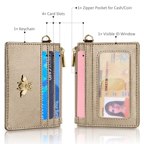 Image of SEAVILIA Card Holder Keychain Wallet for Women with ID Window RFID Coin Purse Bee Gifts Slim Minimalist Small Wallet