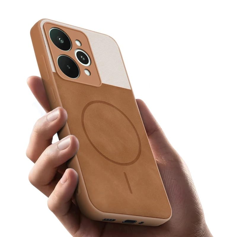 Image of Bintage case Macc-Safe Design Hard Light Weight Back Case | Soft Border Camera Protect | Dual PU Leather Finish Back Cover Compatible for Realme 15 Pro 5G - White & Brown