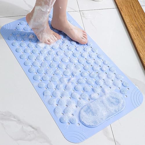 Image of VHKD PVC Bathroom Door Bath mat Anti Slip Skid with Foot Scrubber for Room Shower Suction Cups Drain Holes Silicone Floor mat Rectangle (Blue) 70x35cm