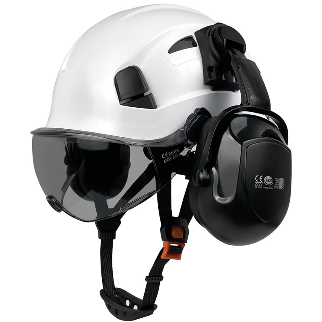 HaoYiShang Industrial Safety Helmet with Visor Ear Muffs Hard Hat with Visor Vented OSHA Approved Hardhats Construction Work Head Protection Certified ANSI/ISEA Z89.1 (White-Single glass-Gray) — image 1