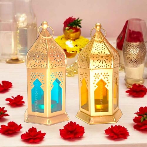 Image of Moroccan Lanterns & Candle Holders for Home Decor - Unique Diwali & Christmas Gifts (Yellow - Blue, Set of 2)