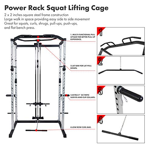 Vanswe Power Rack Power Cage 1000-Pound Capacity Home Gym Equipment Exercise Stand Olympic Squat Cage with LAT Pull Attachment, Multi-Grip Pull-up Bar and Dip Handle