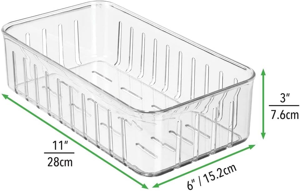 mDesign Plastic Food Container Cabinet Storage Organizer Shallow Bin w/Open Vents for Kitchen, Pantry, Refrigerator Organization - Holds Fruit, Vegetables, Cheese - Ligne Collection - 2 Pack - Clear