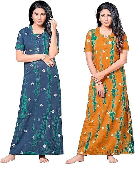pitinan Women’s Cotton Tie-Dye Nighty – Ankle Length Free Size Maxi Night Dress – Soft & Breathable Sleepwear – Pack of 2-picture-17