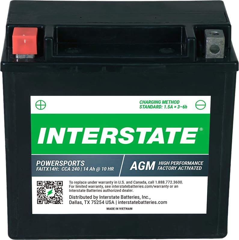 Interstate Batteries YTX14H 12V 12Ah Powersports Battery 240CCA Factory Activated SLA AGM Rechargeable Replacement Battery for Motorcycles, ATVs (FAITX14H)