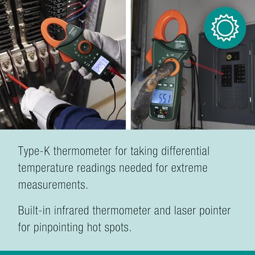 Image of Extech EX820A 1000A True RMS AC Clamp Meter with IR Thermometer | AC to 1000A, IR thermometer with laser, LoZ, low pass filter, inrush, CAT IV 600V, 6000-count backlit