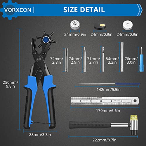 Vorxeon Belt Hole Puncher For Leather, 6 Sizes Revolving Hole Punch Pliers Set With Ruler, Grinding Rod, Plastic Hammer, 240Pcs Leather Double Cap Rivets And 100Pcs Leather Snap Fasteners #TOP1