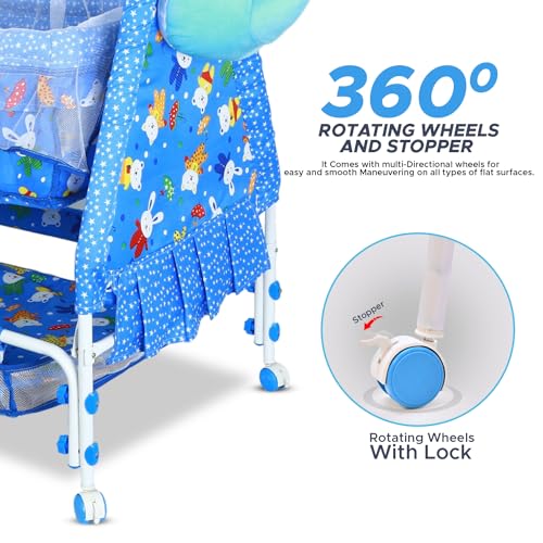 Image of BUBBLEBABY Baby Cradle | Jhula | Baggi | Palna | Ghodiyu | Ventilated | with Swing & Mosquito Net | 0-12 Months | Four Wheels with Brake | Storage | Polypropylene | Safe & Sturdy | Foldable | Blue
