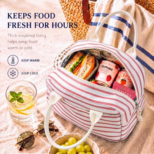 Image of LOVELYWIND Lunch Box for Women, Insulated Lunch Bag, Pink Stripe Tote