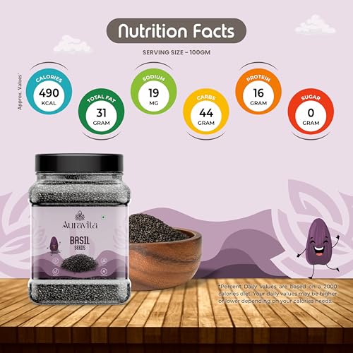 Image of Auravita Premium Raw Sabja Basil Seeds 500 Gram | Nutrient-Rich, Pure Basil Seeds For Healthy Drinks, Smoothies, And Recipes