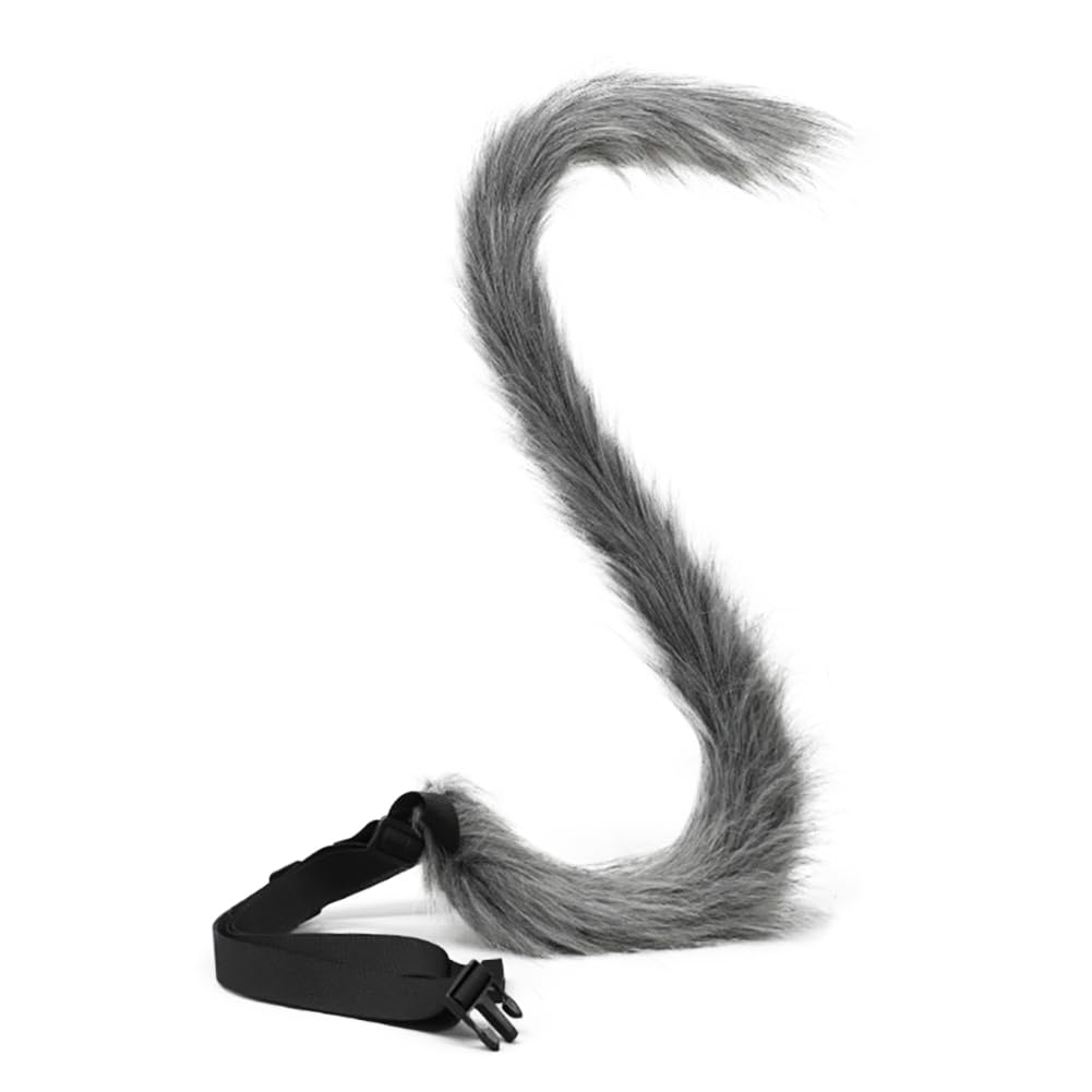 ILUFAM Fluffy Plush Long Cat Tail Fancy Dress Animal Tail with Adjustable Waist Strap, Cosplay Anime Dress Up Party Carnival Costume Prop for Adult (Grey)