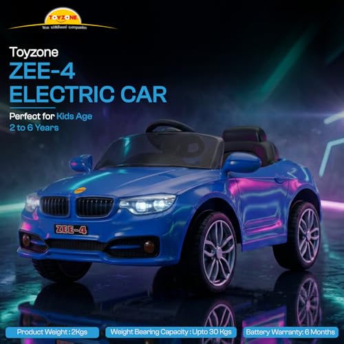 Image of Toyzone Zee-4 Electric Car (Blue) | 12V Rechargeable Car for Kids with 4.5ah Battery | LED Lights, Music, MP3 /USB /BT | Smooth Acceleration | 6M Battery Warranty | Age 2-9 Years, Upto 35 kg