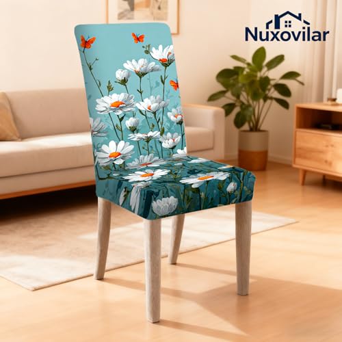 Image of Nuxovilar Blue Daisy Orange Butterfly Stretch 23.6x70in 4PCS Covers | Stretch Slipcover Floral Protector Flower Wrap Seat Guard Dining Room Kitchen Garden Theme Party (Daisy Butterfly)