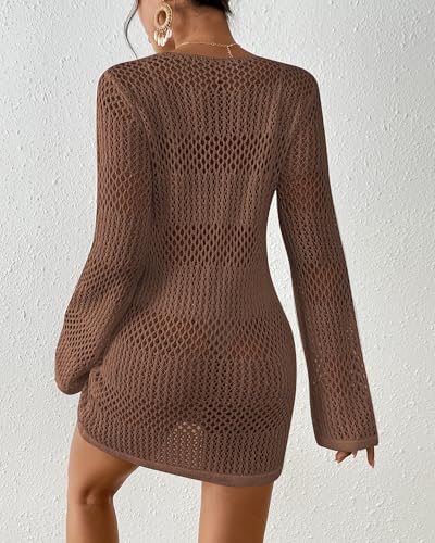 Image of Bsubseach Women Swimsuit Crochet Coverup Long Sleeve V Neck Beach Dress