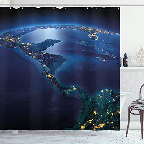 Ambesonne World Shower Curtain, Countries Central America Earth at Night Costa Rica Nicaragua Pacific Ocean, Cloth Fabric Bathroom Decor Set with Hooks, 69" W x 70" L, Blue Forest Green