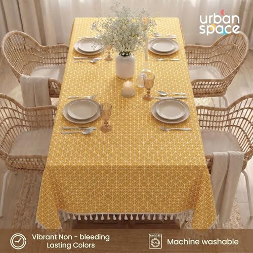 Image of Urban Space 100% Cotton Square Dining Table Cover, Printed Anti Skid Table Cloth for Dining /Center Table, for Upto 4 ft x 4 ft Table (Size - 48 inch x 48 inch - Square, Yellow Star)