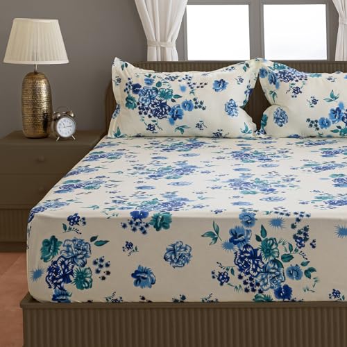 Image of Swayam Pure Cotton Double Bedsheet with 2 Pillow Covers | Size 90 x 100 inch | 160 TC | Floral Design | Soft Breathable Bed Sheet | Comfortable & Durable for Bedroom - Cream & Blue