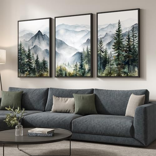 Framed Mountain Landscape Wall Art for Living Room Large Foggy Forest Watercolor Artwork for Walls 3 Piece Nature Mountain Forest Paintings Prints for Hallway Office Kitchen Wall Decor 24x36 Inch