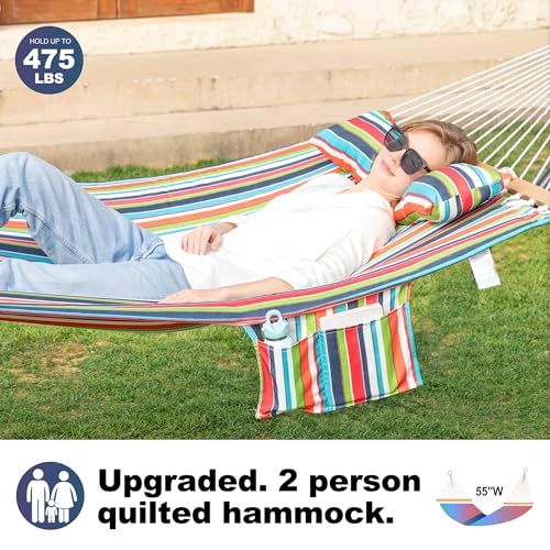 Image of GAFETE Hammock 2 Person Quilted Fabric Hammocks for Outside, Double 12ft Hammocks with Spreader Bar, Large Removable Pillow, Storage Bag, Carabiners, Max 475 lbs Capacity (Tropical)