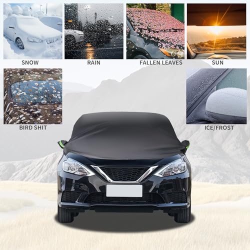 Image of Bilisin Half Car Cover for Sedan, Outdoor Heavy Duty 250D Fabric Sun Protection Cover Car Windshield Snow Covers, Waterproof Car Cover All Weather Universal Fit for Most Sedan Car（Black）