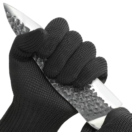 PilloVive Level 5 Cut Resistant Gloves for Kitchen & Mandoline Slicer, Safety Food Grade Stainless Steel Wire Protection, High Dexterity Ambidextrous Work Gloves for gardening, Woodworking, Black (L)
