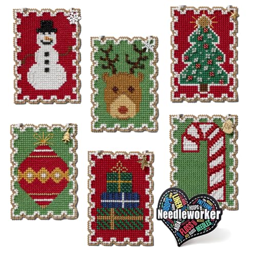 Image of Holiday Stamps Charmed Ornament Beaded Cross Stitch Kits, Set of 6 - Mill Hill Ornament Kits 2024 - Plus Decorative 'Needleworker' Sticker