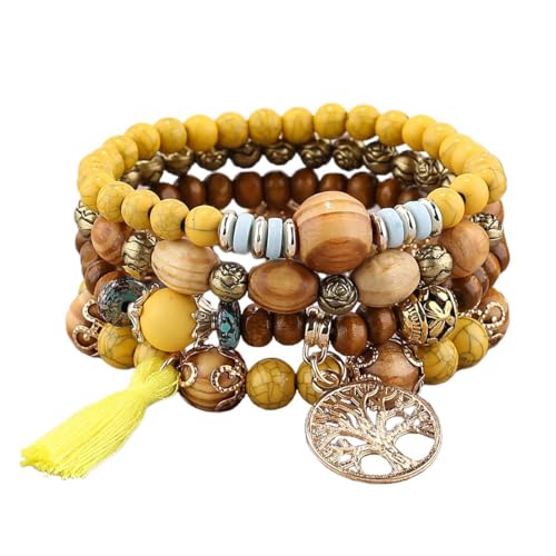 LICHUANUK Boho 4 Stück Armbänder Holzperlen Quaste Armband, Chakra Armband für Frauen, Natürliches Kristall heilsteine armband, Frauen Baum des Lebens Charm Statement Armreifen, Gelb