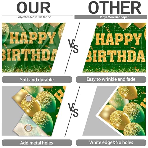 Image of Happy Birthday Decorations Backdrop 10 x 6 ft Green Golden Happy Birthday Banner Large Birthday Party Background for Men Women Kids Photo Shoot Supplies