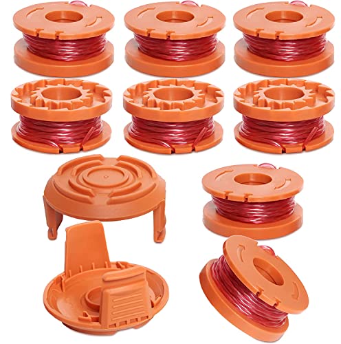 Aslanka Replacement Trimmer Spool Line for Worx WA0010 WG180 WG163 Weed Wacker Spool with WA6531 GT Spool Cover 50006531 String Trimmer Refills 10ft 0.065" 10 Pack (8 Spools, 2 Trimmer Cap)