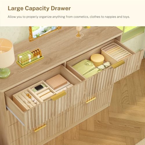 Image of TEENOFN Fluted Dresser for Bedroom with 8 Drawers, 47.2 inch Wide Modern Chest of Drawers with Metal Handle, Dresser TV Stand, Wood Closet Clothes Storage Organizer for Living Room, Hallway, Natural