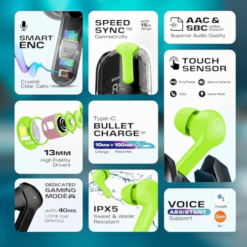 Image of UltraPods Max True Wireless Earbuds with Bluetooth 5.1, Enhanced Sound Quality, Touch Control,Long Playtime Life, Noise Cancellation & Comfortable Fit (GREEN)