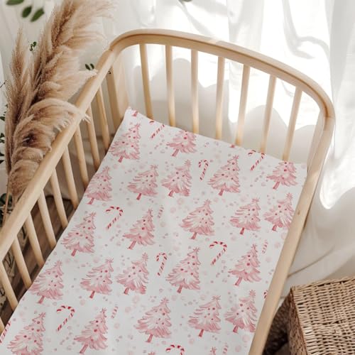 Pink Christmas Pine Trees Candy Fitted Baby Crib Sheet for Boys Girls 52x28x9 in Festive Winter Holiday Fitted Crib Sheet Fits Standard Cribs and Toddler Mattresses Bed Sheet