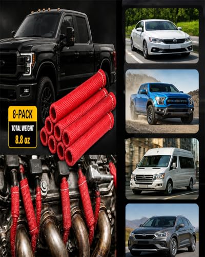 Image of Spark Plug Wire Heat Sleeve - 8 PCS 2500 Spark Plug Wire Heat Shield, 6 Inches Spark Plug Wire Boots Protector Protection Cover Replacement for LS1 / LS2 SBC BBC 350 454 Car Truck, Red