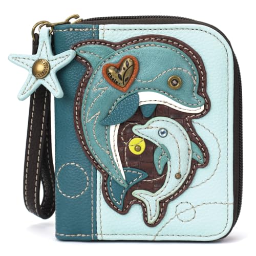 Image of CHALA Zip Around Wallet, Wristlet, 8 Credit Card Slots, Sturdy Pu Leather - Dolphin - Blue