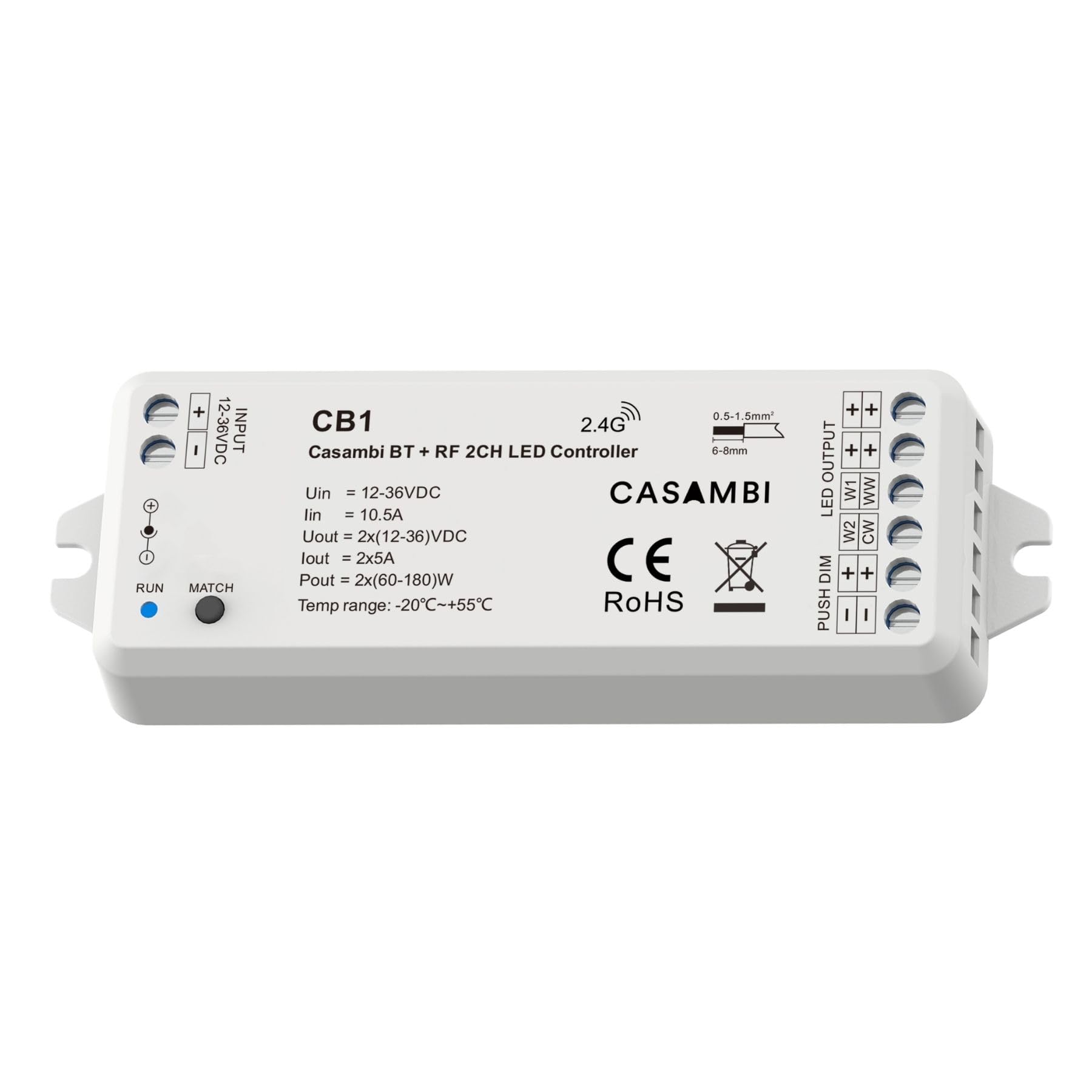 Led Dimmer Bluetooth Casambi APP, RF 2.4GHz con Pulsante NO, per Strisce LED Monocolore e CCT, 12V 24V 36V 2 Canali 2x5A, Regolazione 0-100%